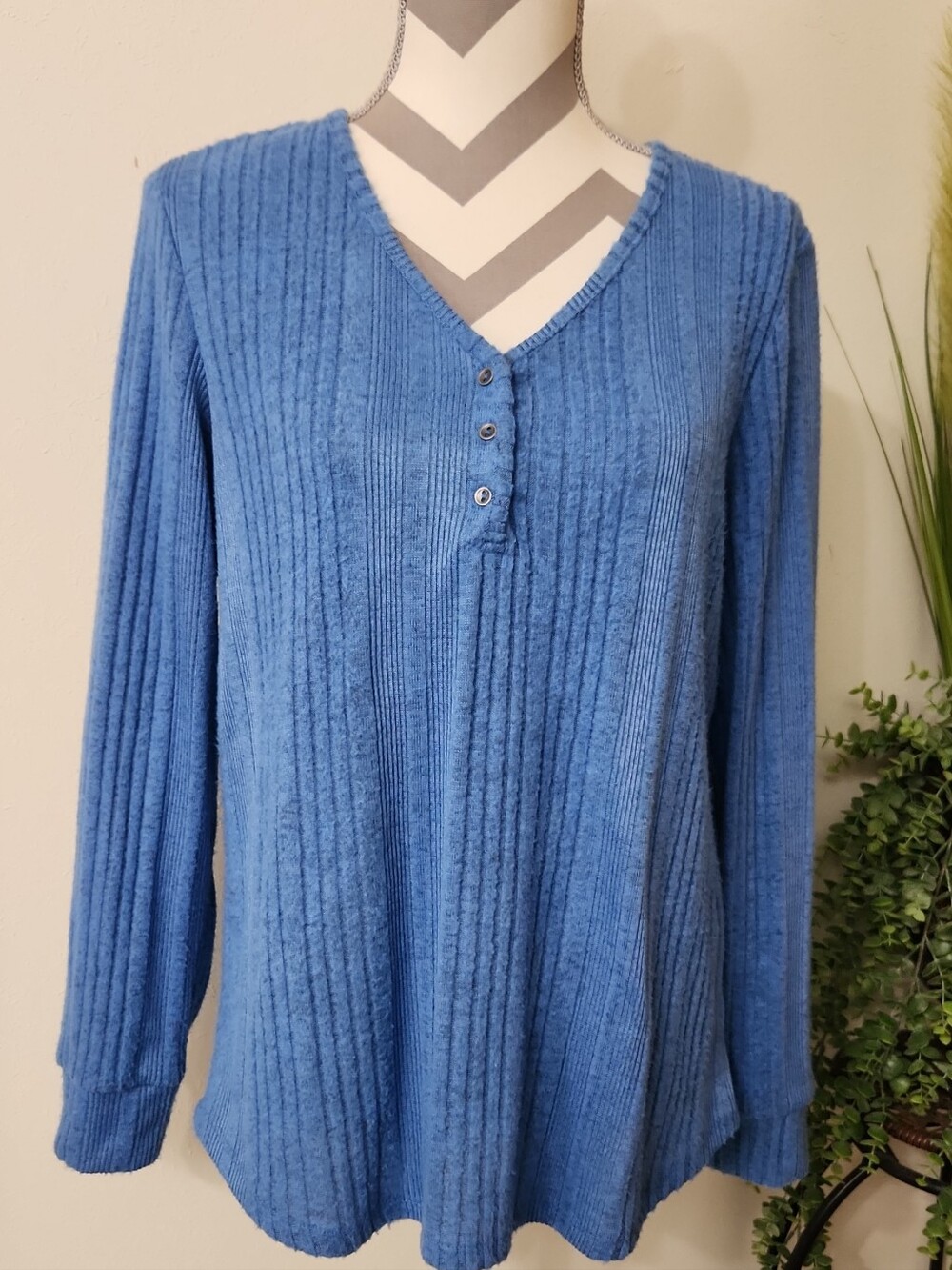 Maurices Cozy Ribbed V-Neck Henley Pullover Sweater in Sky Blue.